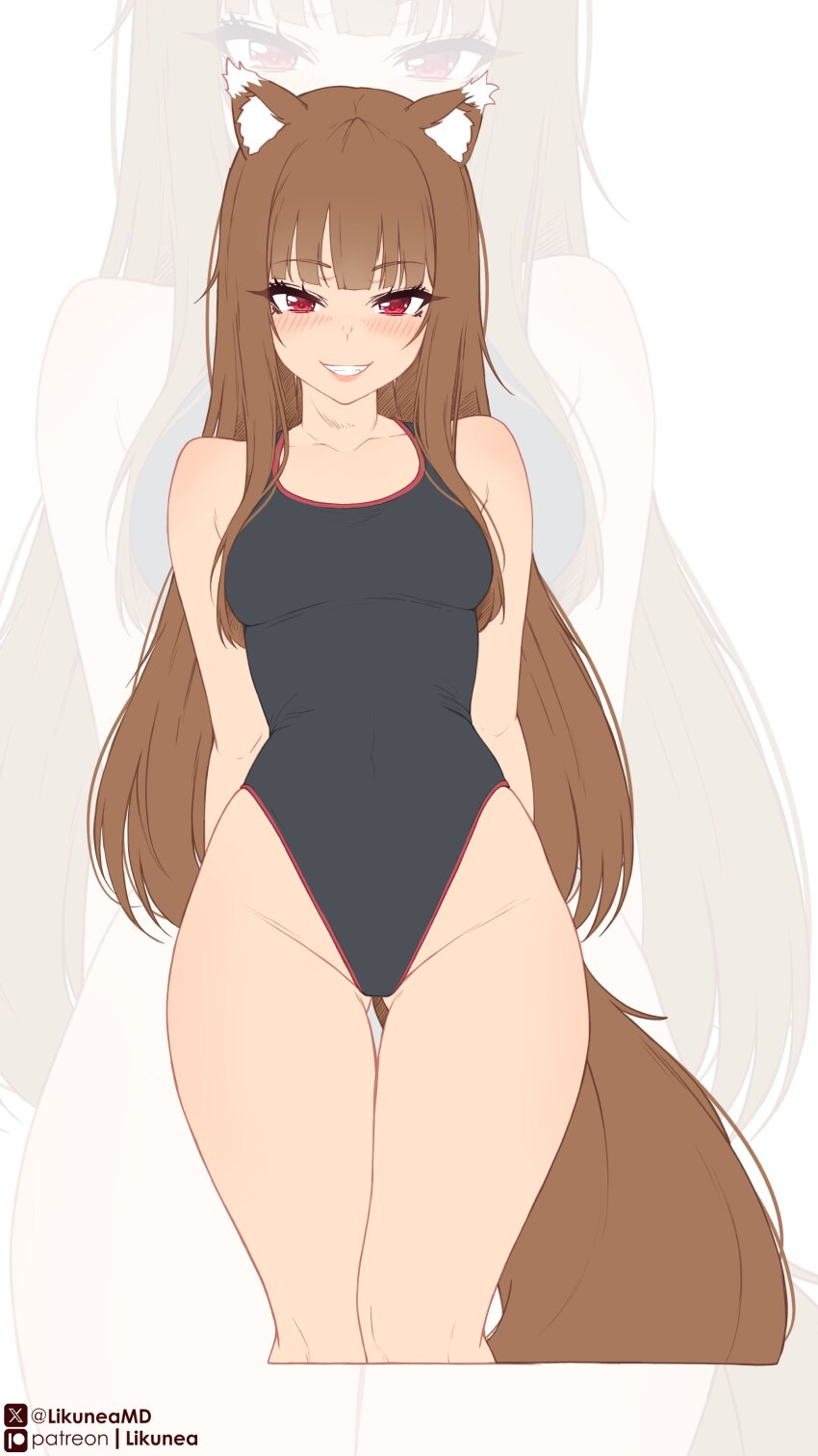 1girl absurdres animal_ear_fluff animal_ears arms_behind_back bare_shoulders black_one-piece_swimsuit blush breasts brown_hair commentary competition_swimsuit cropped_legs english_commentary gluteal_fold grin highleg highleg_one-piece_swimsuit highres holo likunea long_hair looking_at_viewer medium_breasts one-piece_swimsuit patreon_logo patreon_username red_eyes smile spice_and_wolf swimsuit tail twitter_username twitter_x_logo very_long_hair wolf_ears wolf_girl wolf_tail zoom_layer