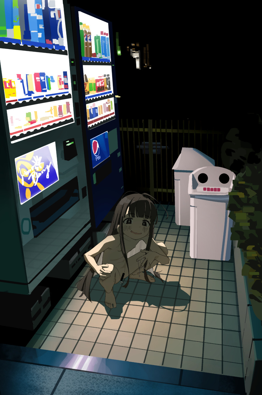 1girl after_masturbation ahoge bar_censor barefoot black_hair bright_pupils censored completely_nude dark exhibitionism flat_chest highres loli long_hair nervous_smile night nude open_mouth outdoors public_indecency pussy_juice pussy_juice_on_fingers pussy_juice_trail ri-el shadow smile solo squatting tachikawa_nobuo tile_floor tiles trash_can ts_loli_oji-san_no_boukan vending_machine very_long_hair webp-to-png_conversion white_pupils