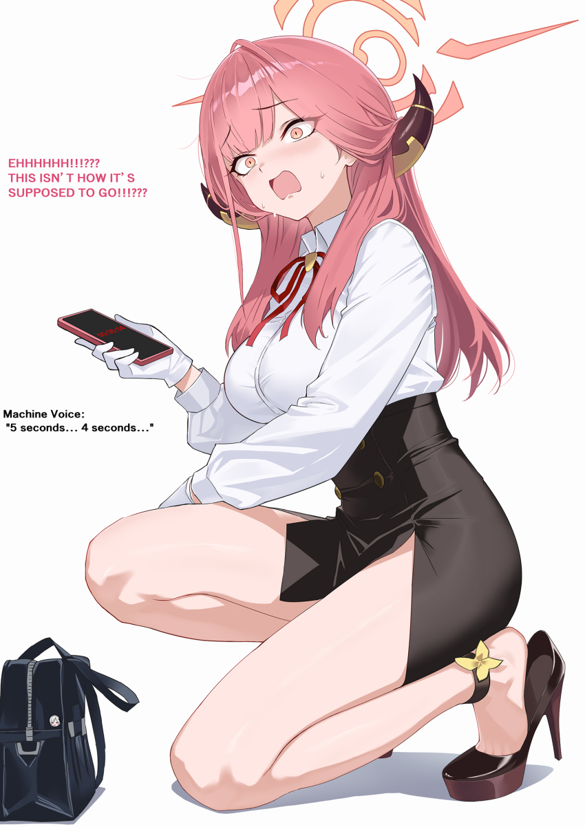 1girl aru_(blue_archive) bare_legs black_shoes black_skirt blue_archive blush breasts cellphone collared_shirt demon_girl demon_horns eyelashes feet full_body gloves halo heel_pop high-waist_skirt high_heels highres holding holding_phone horns impossible_clothes impossible_shirt isokaze12 kneeling large_breasts legs long_hair long_sleeves looking_at_viewer neck_ribbon on_one_knee open_mouth orange_eyes phone pink_halo red_hair red_ribbon ribbon shirt shoes sidelocks skirt smartphone solo stiletto_heels sweatdrop thighs toe_cleavage white_gloves white_shirt yellow_eyes