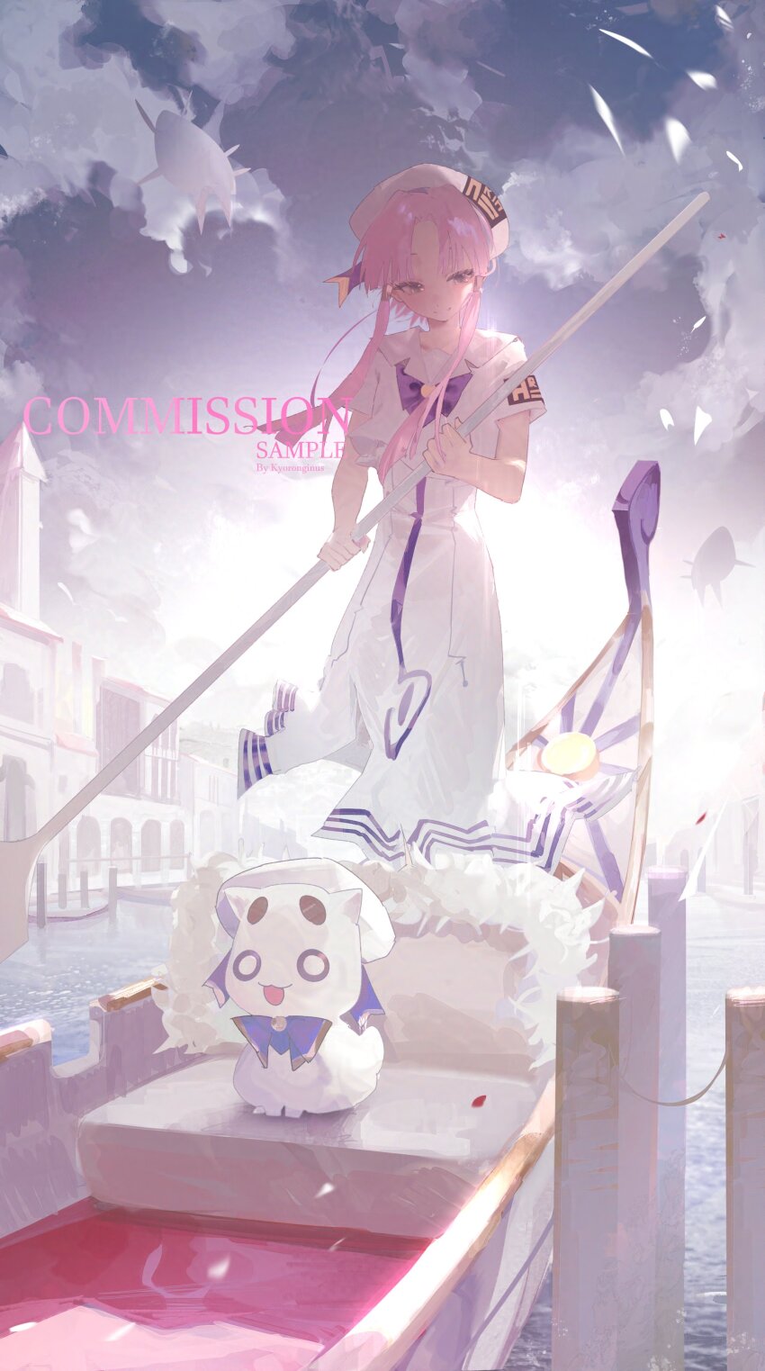absurdres aria_(manga) aria_company_uniform aria_pokoteng cat cloud gondola green_eyes hat highres kyoro_ina mizunashi_akari neo-venezia pink_hair river rowing short_hair_with_long_locks sidelocks smile water watermark white_cat