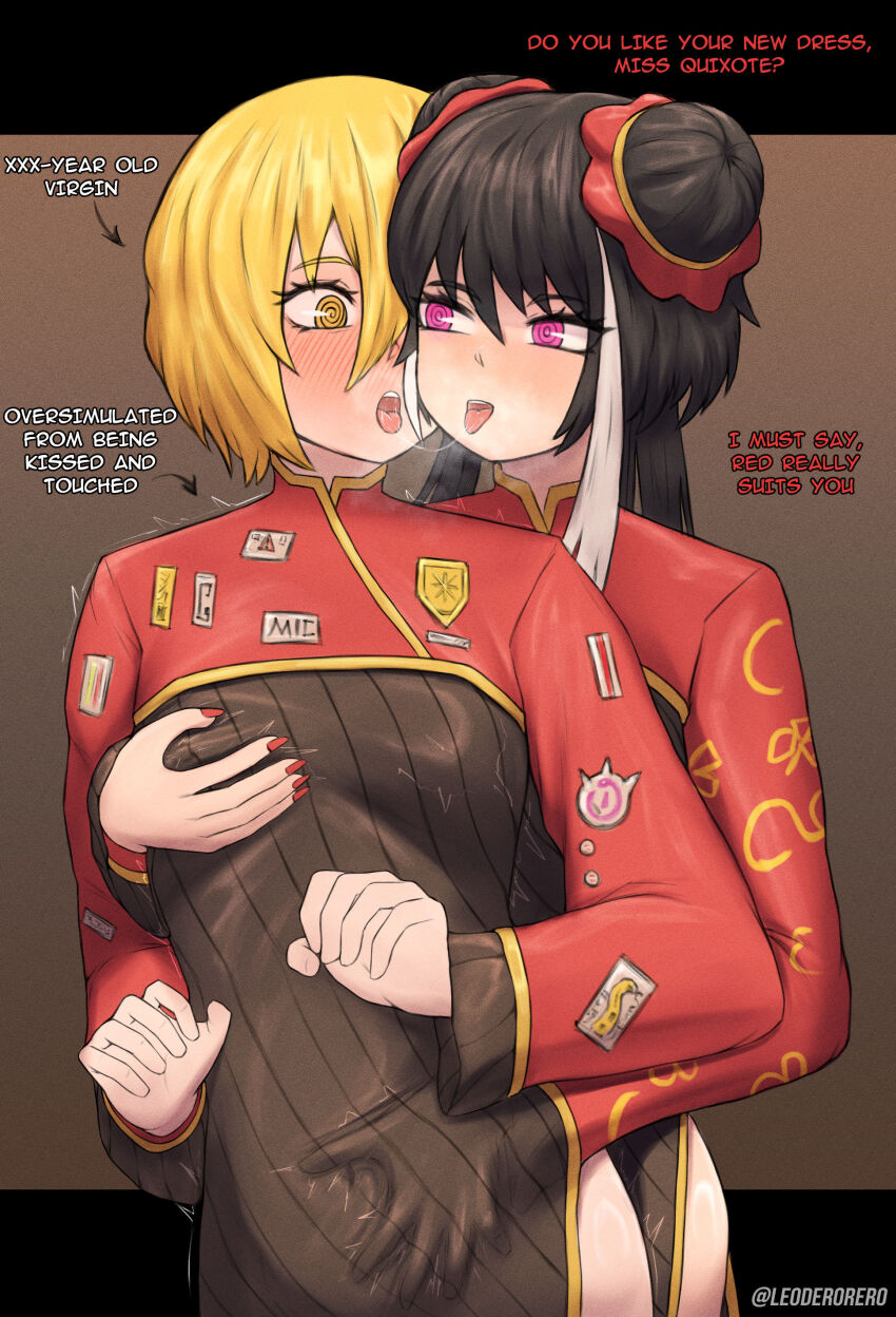 2girls @_@ absurdres after_kiss badge black_background black_hair blonde_hair blush breasts brown_background chinese_clothes commentary commission don_quixote_(project_moon) double_bun dress english_commentary english_text frilled_sleeves frills groping hair_bun hand_under_clothes highres jia_xichun_(project_moon) leoderorero limbus_company long_hair long_sleeves multicolored_hair multiple_girls open_mouth pink_eyes project_moon red_nails red_shrug red_sleeves ringed_eyes saliva saliva_trail short_hair side_slit simple_background smile streaked_hair teeth tongue tongue_out trembling twintails twitching twitter_username upper_teeth_only white_streaks yellow_eyes yuri