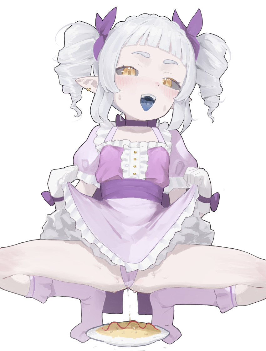 1girl 2025 absurdres black_sclera blue_tongue choker colored_sclera colored_tongue dress drill_hair feet female female_focus food hair_ribbon highres indie_virtual_youtuber kumogorogoro legs lifting_own_clothes loli looking_at_viewer mirumiruchan omelet omurice panties pointy_ears purple_dress purple_panties pussy_juice ribbon socks solo sweat sweatdrop thighs tongue tongue_out twin_drills underwear virtual_youtuber white_hair yellow_eyes