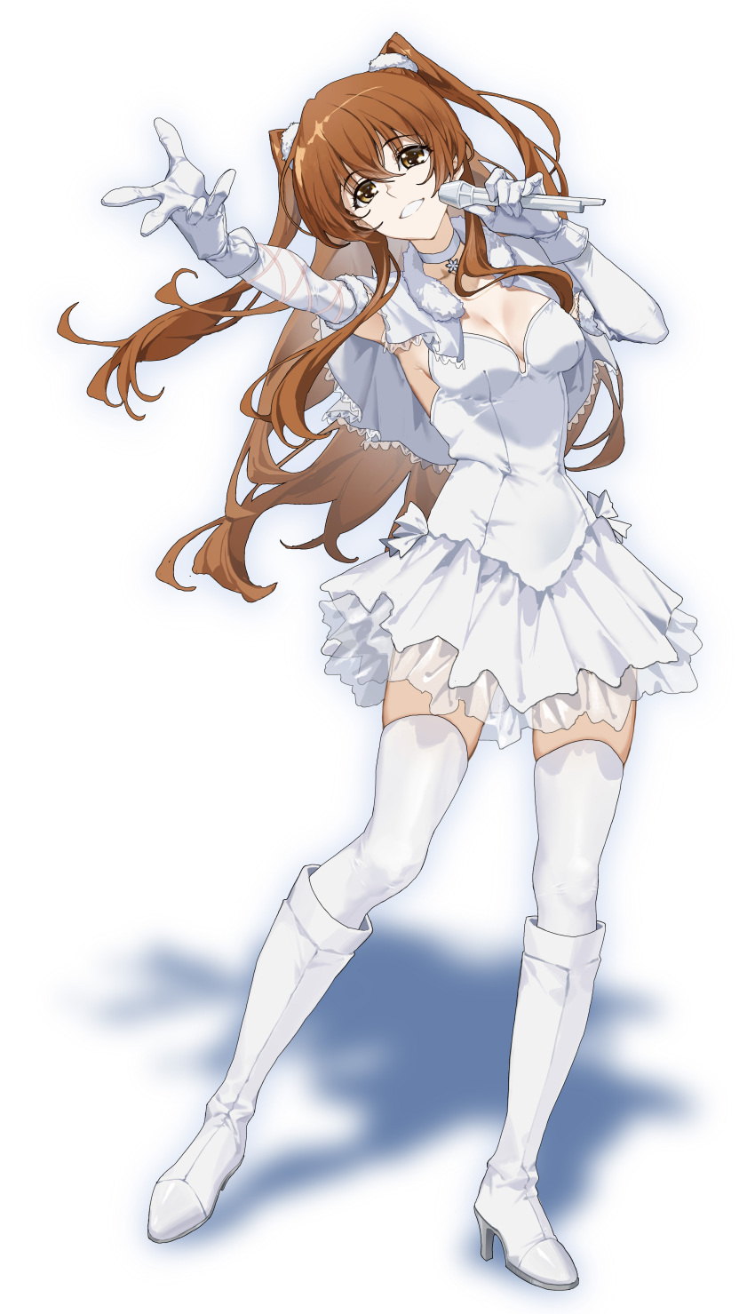 1girl absurdres breasts brown_eyes brown_hair capelet cheese_kang cleavage dress full_body gloves hair_between_eyes highres holding holding_microphone idol_clothes microphone ogiso_setsuna reaching reaching_towards_viewer shadow solo standing thighhighs two_side_up white_album_(series) white_album_2 white_capelet white_dress white_footwear white_gloves white_thighhighs zettai_ryouiki