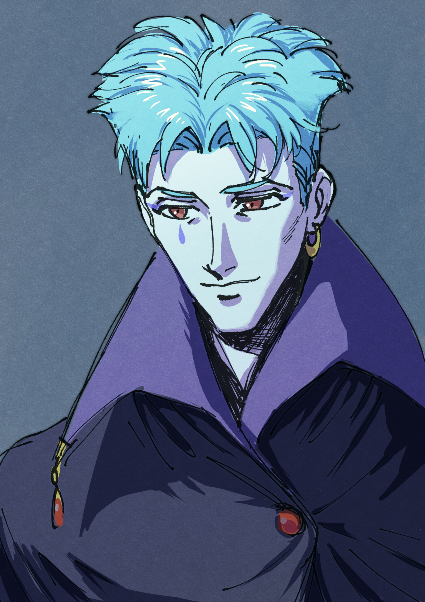 1boy absurdres blue_hair brown_eyes earrings folken_fanel grey_background highres jewelry long_neck looking_at_viewer male_focus pale_skin short_hair simple_background single_earring solo teardrop_facial_mark tenkuu_no_escaflowne tokoharuland_(parfait) upper_body