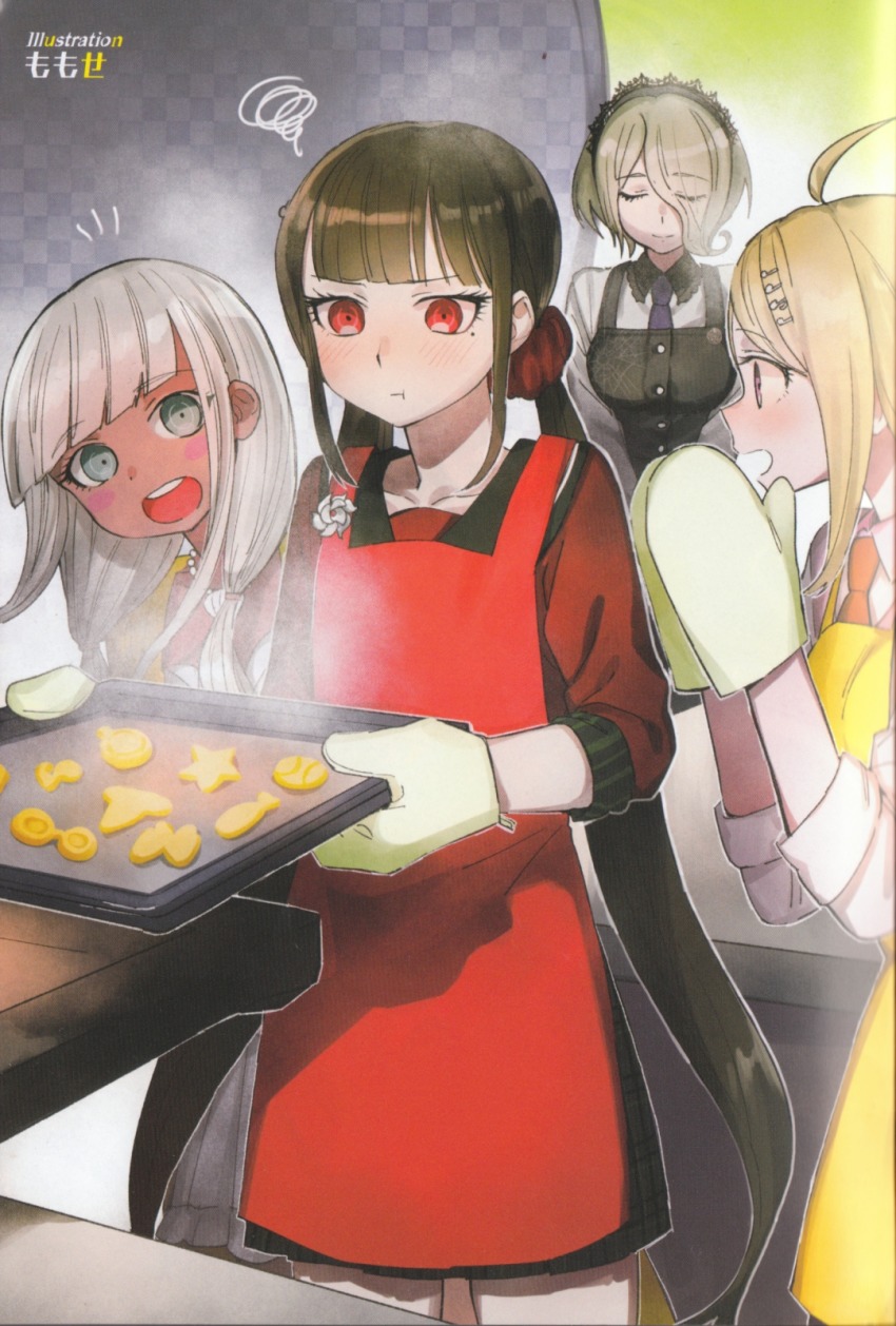 4girls ahoge akamatsu_kaede angry apron black_hair blonde_hair blue_eyes cooking danganronpa_(series) danganronpa_v3:_killing_harmony dark-skinned_female dark_skin dres closed_eyes food gloves hair_ornament happy harukawa_maki headdress highres jewelry long_hair ms_(momose) multiple_girls musical_note musical_note_hair_ornament necklace necktie open_mouth purple_eyes red_eyes short_hair smile sweater sweater_vest tojo_kirumi twintails yonaga_angie