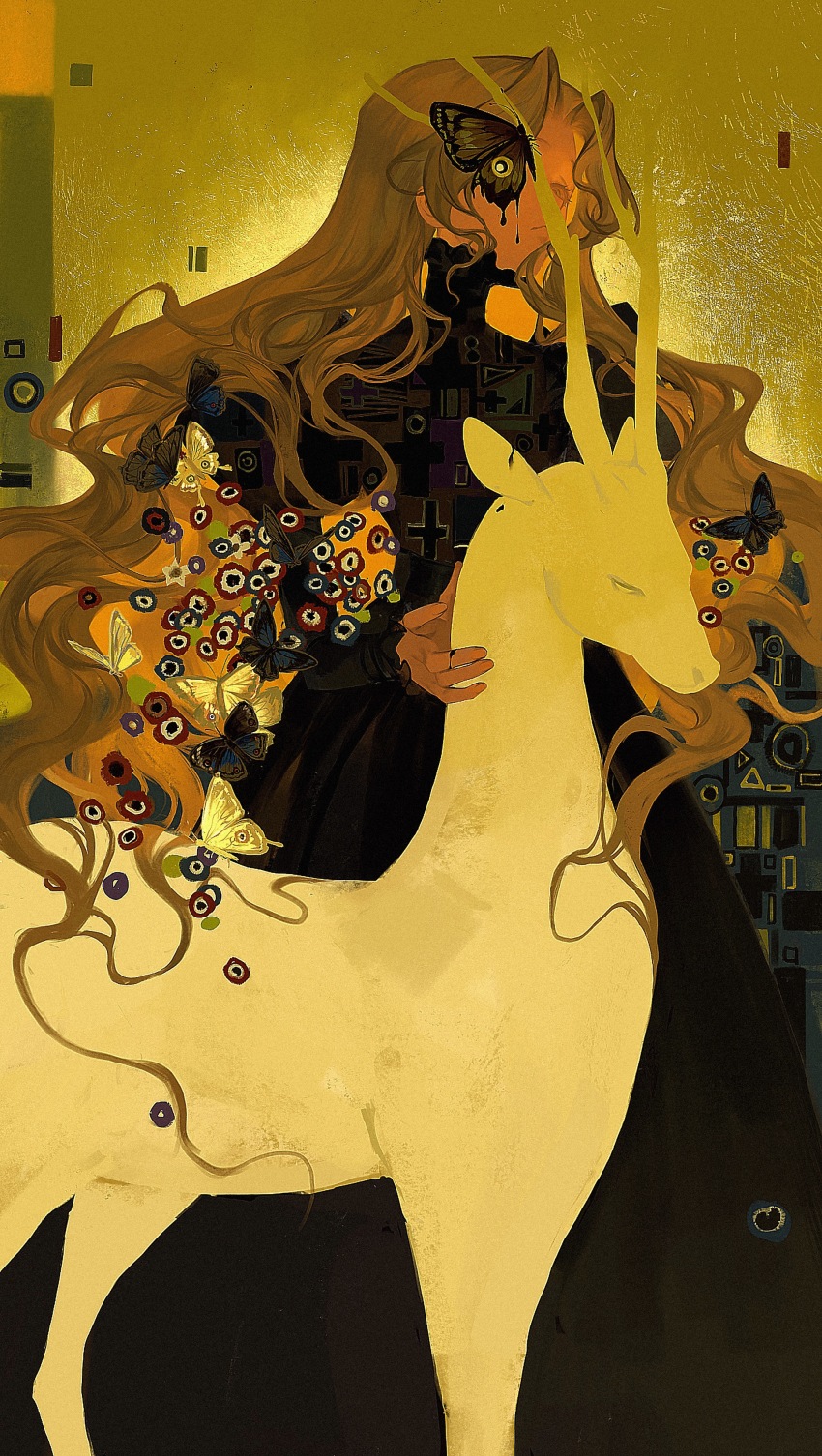 1girl absurdres animal black_buruma black_dress brown_hair bug buruma butterfly chinese_commentary deer dress feet_out_of_frame fine_art_parody flower head_tilt highres insect long_hair long_sleeves looking_ahead melting one_eye_covered original parody plant standing unmoving_pattern vines yaqing yellow_background yellow_butterfly