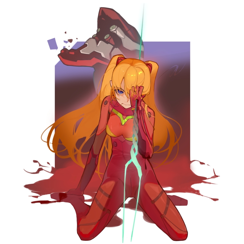 1girl blood blood_on_ground blue_eyes bodysuit breasts eva_02 highres mecha mecha_pilot_suit neon_genesis_evangelion plugsuit_(evangelion) robot shuishi_tidu souryuu_asuka_langley the_end_of_evangelion white_background