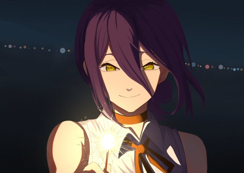 1girl black_choker black_ribbon chainsaw_man choker closed_mouth collared_shirt fireworks green_eyes hair_between_eyes hair_bun highres holding holding_fireworks looking_at_viewer mccheese neck_ribbon night outdoors purple_hair reze_(chainsaw_man) ribbon shirt sleeveless sleeveless_shirt smile solo sparkler white_shirt