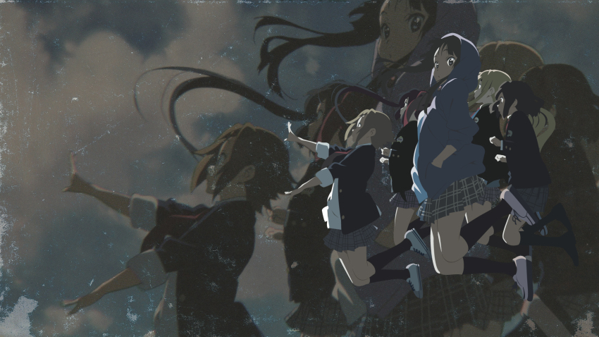 5girls akiyama_mio bad_id bad_pixiv_id black_hair blonde_hair blue_eyes brown_eyes brown_hair highres hirasawa_yui ho-kago_tea_time hood hoodie k-on! kotobuki_tsumugi long_hair multiple_girls nakano_azusa nano_(nanosize) nano_(sonanyl) no_thank_you!_(k-on!) plaid_clothes plaid_skirt pleated_skirt school_uniform skirt tainaka_ritsu twintails zoom_layer