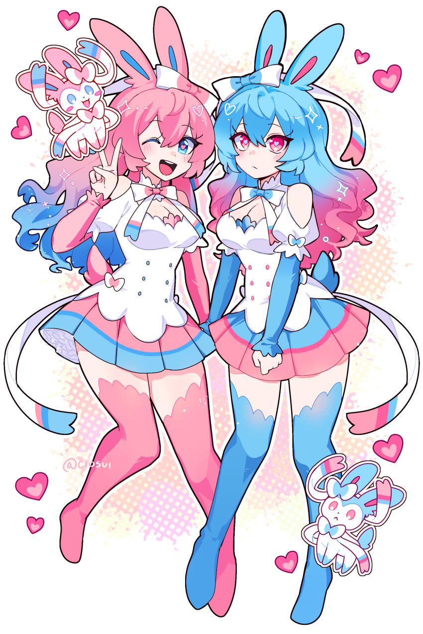 2girls :&lt; absurdres alternate_color animal_ears blue_eyes blue_hair blue_thighhighs bow breasts cio_(ciosui) cleavage cleavage_cutout clothing_cutout creature_and_personification dual_persona gen_6_pokemon gradient_hair hair_bow heart heart-shaped_pupils highres medium_breasts miniskirt multicolored_hair multiple_girls nintendo one_eye_closed open_mouth personification pink_eyes pink_hair pink_thighhighs pleated_skirt pokemon pokemon_(creature) rabbit_ears shiny_pokemon skirt sylveon symbol-shaped_pupils thighhighs twitter_username v