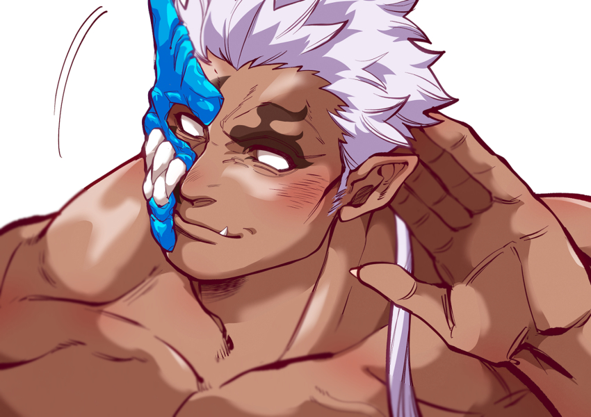 1boy bara blush dark-skinned_male dark_skin fang half_mask horned_mask horns kizami_nori_to_yamaimo large_pectorals looking_to_the_side male_focus mask monster_boy motion_lines muscular muscular_male no_pupils nude oni_mask pectorals pointy_ears short_hair shuten_douji_(housamo) sideburns single_horn solo tokyo_houkago_summoners upper_body white_hair