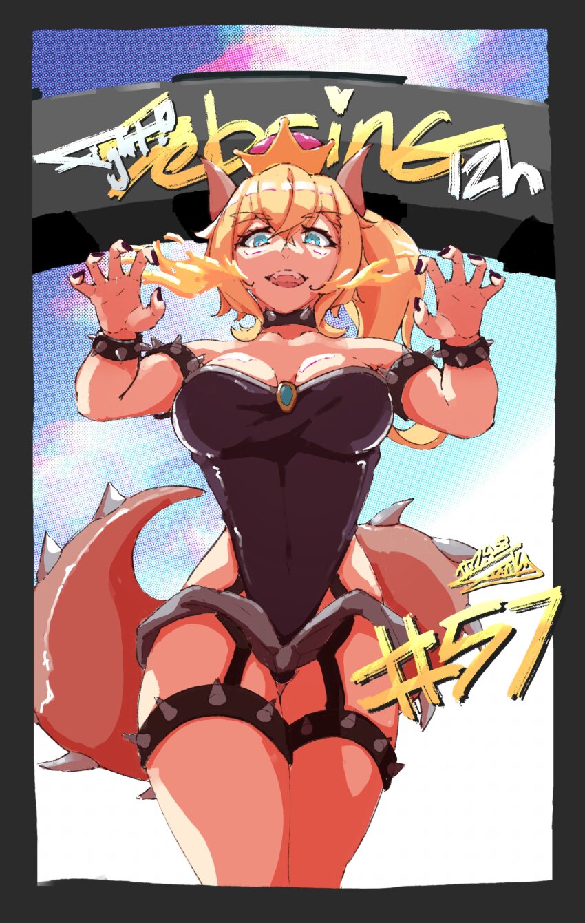1girl absurdres armlet black_border black_leotard black_nails blue_eyes border bowsette bracelet breasts choker claw_pose cloud commentary english_commentary english_text fire funkygarage garter_straps highres horns imsa_sportscar_championship jewelry leotard mario_(series) medium_breasts new_super_mario_bros._u_deluxe nintendo sebring_international_raceway sky smile solo spiked_bracelet spiked_choker spiked_tail spikes super_crown tail thigh_strap