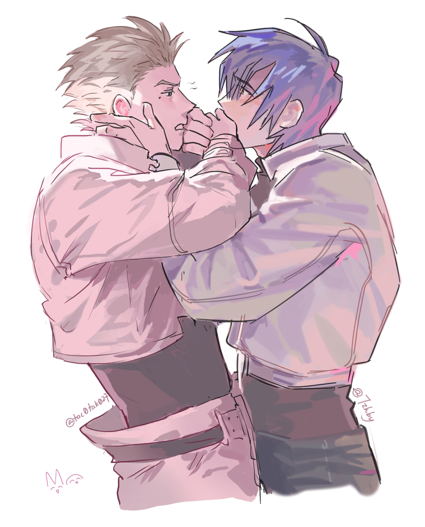 2boys 7zhby absurdres artist_name belt black_pants black_shirt blonde_eyebrows blue_hair blush colored_eyelashes couple cropped_jacket eye_contact eyes_visible_through_hair from_side hand_on_another&#039;s_face highres jacket kiss kissing_hand legato_bluesummers long_sleeves looking_at_another loose_pants male_focus millions_knives multiple_boys pale_color pale_skin pants shirt short_hair signature simple_background spiked_hair surprised tacotako trigun trigun_maximum turtleneck twitter_username upper_body white_jacket white_pants