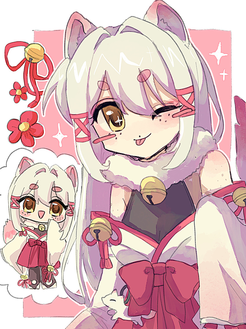 1girl animal_ears artist_request black_bodysuit body_freckles bodysuit bow breasts commission fox_ears fox_girl fox_tail freckles frills fur_collar gohei hair_between_eyes hair_bow hair_ornament hair_ribbon highres indie_virtual_youtuber japanese_clothes kagari_kitsune large_breasts long_hair long_sleeves messy_hair multicolored_hair nontraditional_miko pink_hair red_ribbon ribbon sidelocks simple_background skeb_commission skirt sleeves_past_fingers sleeves_past_wrists slit_pupils tail virtual_youtuber white_hair yellow_eyes