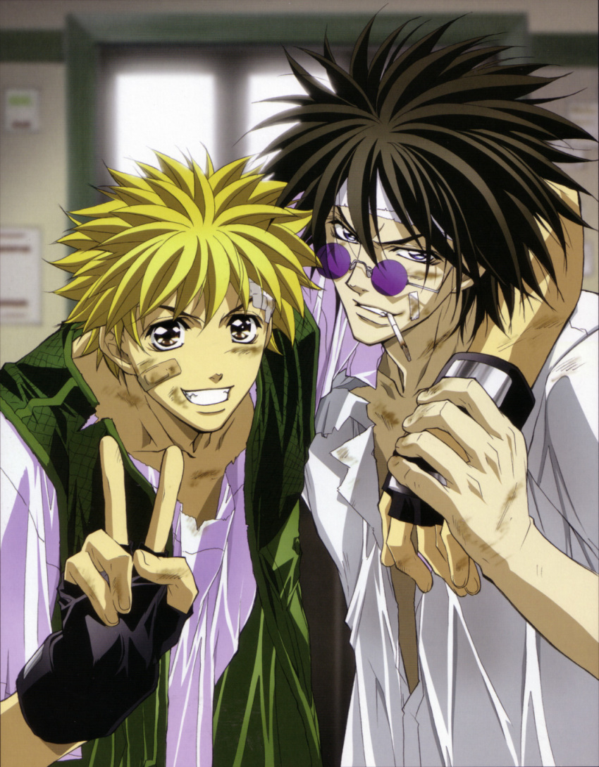 2boys amano_ginji bandages black_hair blonde_hair brown_eyes cigarette fingerless_gloves getbackers gloves highres male_focus midou_ban multiple_boys nakajima_atsuko purple_eyes smile sunglasses v