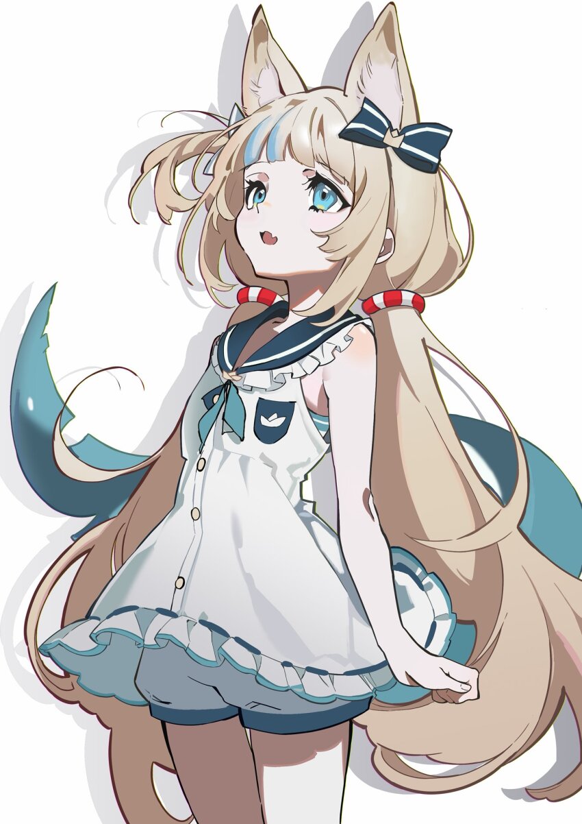 1girl animal_ears blue_bow blue_sailor_collar blunt_bangs bow cat_ears collar cowboy_shot dress drop_shadow fins fish_tail frilled_collar frilled_dress frills hair_between_eyes hair_bow hatsutahaku highres indie_virtual_youtuber long_hair looking_up multicolored_hair sailor_collar sameko_saba shorts simple_background solo streaked_hair striped_bow tail twintails very_long_hair virtual_youtuber white_dress white_shorts
