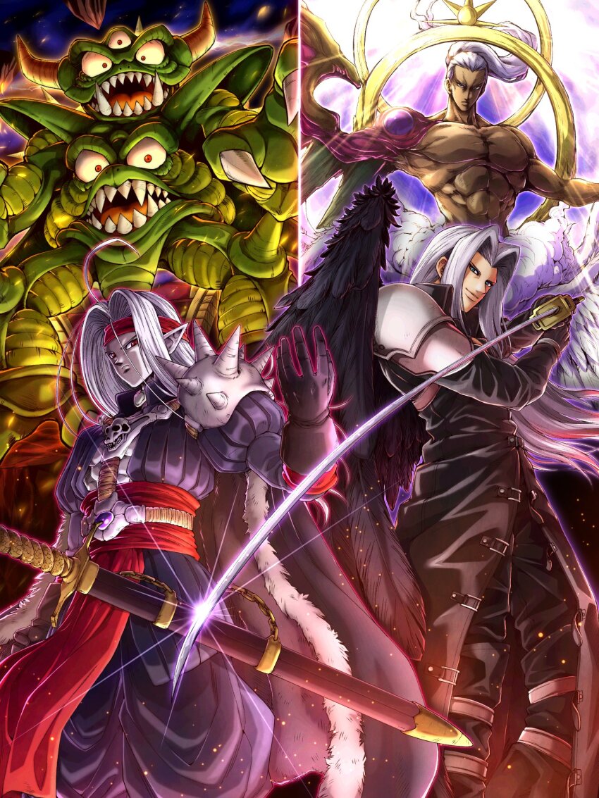 4boys black_gloves colored_skin dark-skinned_male dark_skin death_pisaro dragon_quest dragon_quest_iv final_fantasy final_fantasy_vii gloves green_skin highres holding holding_sword holding_weapon long_hair long_sleeves looking_at_viewer monster multiple_boys pisaro pointy_ears puffy_long_sleeves puffy_sleeves sephiroth sharp_teeth single_wing smile sword teeth wai_(y48754085) weapon white_hair wings