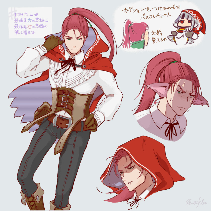 1boy 1girl alternate_costume animal_ears cosplay eifilet fake_animal_ears fire_emblem fire_emblem:_path_of_radiance fire_emblem:_radiant_dawn fire_emblem_fates green_eyes high_ponytail highres long_hair multiple_views nintendo ponytail red_hair shinon_(fire_emblem) translation_request velouria_(fire_emblem) velouria_(fire_emblem)_(cosplay) wolf_ears