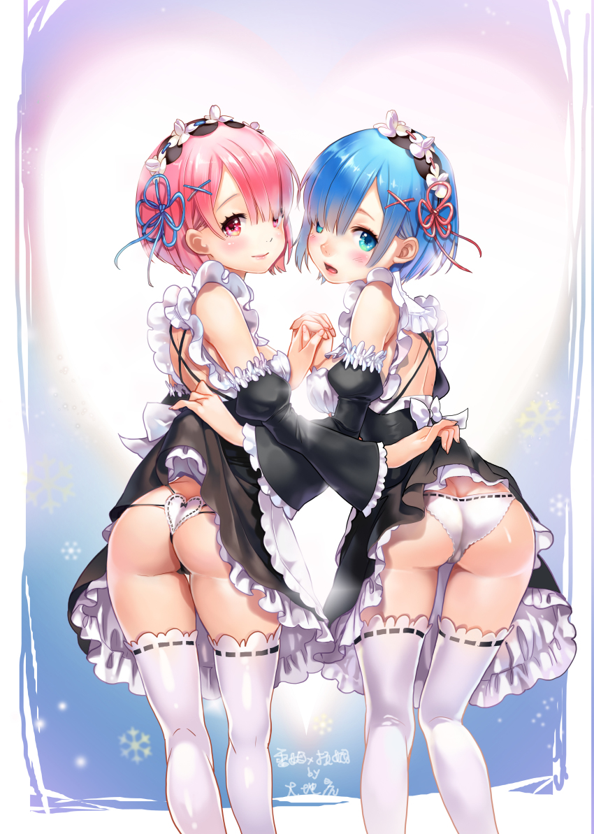 10s 2girls absurdres artist_name ass assisted_exposure black_ribbon blue_eyes blue_hair blush breasts butt_crack character_name chushengdao clothes_lift detached_sleeves frilled_sleeves frills hair_ornament hair_over_one_eye hairpiece heart heart_panties heart_print highres holding_hands interlocked_fingers looking_at_viewer maid maid_headdress multiple_girls open_mouth panties pink_eyes pink_hair pink_ribbon print_panties ram_(re:zero) re:zero_kara_hajimeru_isekai_seikatsu rem_(re:zero) ribbon ribbon-trimmed_clothes ribbon-trimmed_thighhighs ribbon_trim short_hair siblings sisters skirt skirt_lift smile thigh_gap thighhighs twins underbust underwear white_legwear white_panties x_hair_ornament