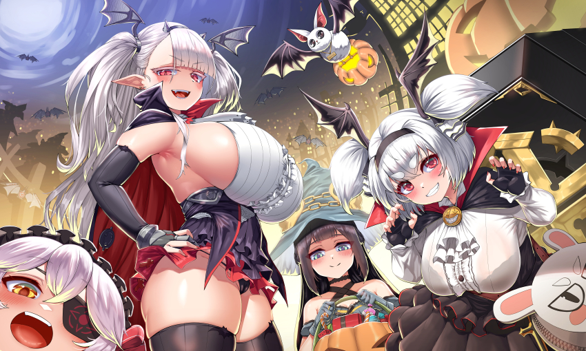 4girls absurdres alvis_(last_origin) andvari_(last_origin) armpits bare_shoulders bat_(animal) bat_wings black_bra black_cape black_gloves black_panties black_skirt black_thighhighs blush bra bra_visible_through_clothes breasts cape cho!cho! claw_pose detached_sleeves draculina_(last_origin) eyepatch fake_horns fangs fingerless_gloves gloves grey_hair grin halloween halloween_bucket hands_on_own_hips hat head_wings highres horns huge_breasts large_breasts last_origin long_hair looking_at_viewer lrl_(last_origin) miniskirt multiple_girls no_bra open_mouth outdoors panties pointy_ears pumpkin red_eyes shirt short_eyebrows sideboob sideless_shirt skirt sky smile teeth thick_eyebrows thighhighs thighs two_side_up underwear upper_teeth_only white_shirt wings witch_hat