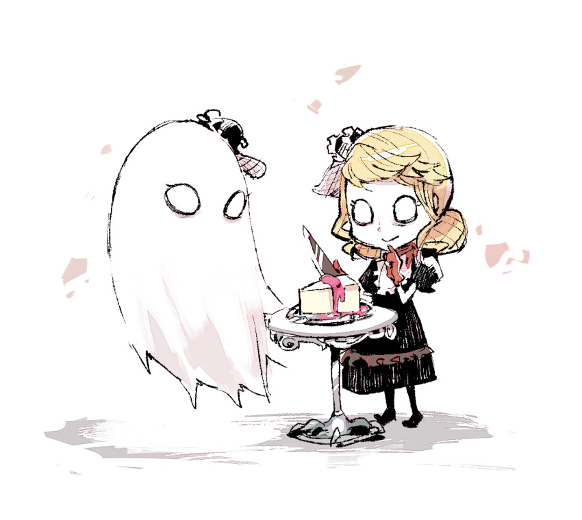 1girl abigail_(don&#039;t_starve) bandana bandana_around_neck bib_collar black_dress black_footwear blonde_hair cake cake_slice closed_mouth colored_skin deformed don&#039;t_starve dress finger_to_own_chin flipped_bangs food full_body ghost gloves hair_net holding holding_knife kawarayane knife light_smile looking_at_food no_eyebrows puffy_short_sleeves puffy_sleeves red_bandana red_gloves shadow short_bangs short_sleeves siblings side-by-side simple_background sisters sketch solid_eyes standing swept_bangs table wendy_(don&#039;t_starve) white_background white_skin wide_shot