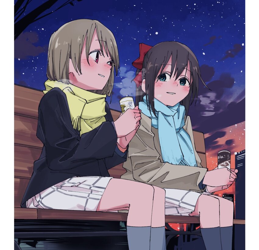 2girls black_jacket blue_eyes blue_scarf blush border bow brown_hair can drink drink_can dusk grey_jacket grey_socks hair_between_eyes hair_bow haruruhaharur holding holding_drink jacket long_hair looking_at_another love_live! love_live!_nijigasaki_high_school_idol_club multiple_girls nakasu_kasumi neck_ribbon nijigasaki_school_uniform on_bench osaka_shizuku outdoors plaid_clothes plaid_skirt pleated_skirt red_bow red_eyes ribbon scarf school_uniform short_hair sidelocks sitting skirt sky smile socks star_(sky) starry_sky white_border winter_uniform yellow_scarf