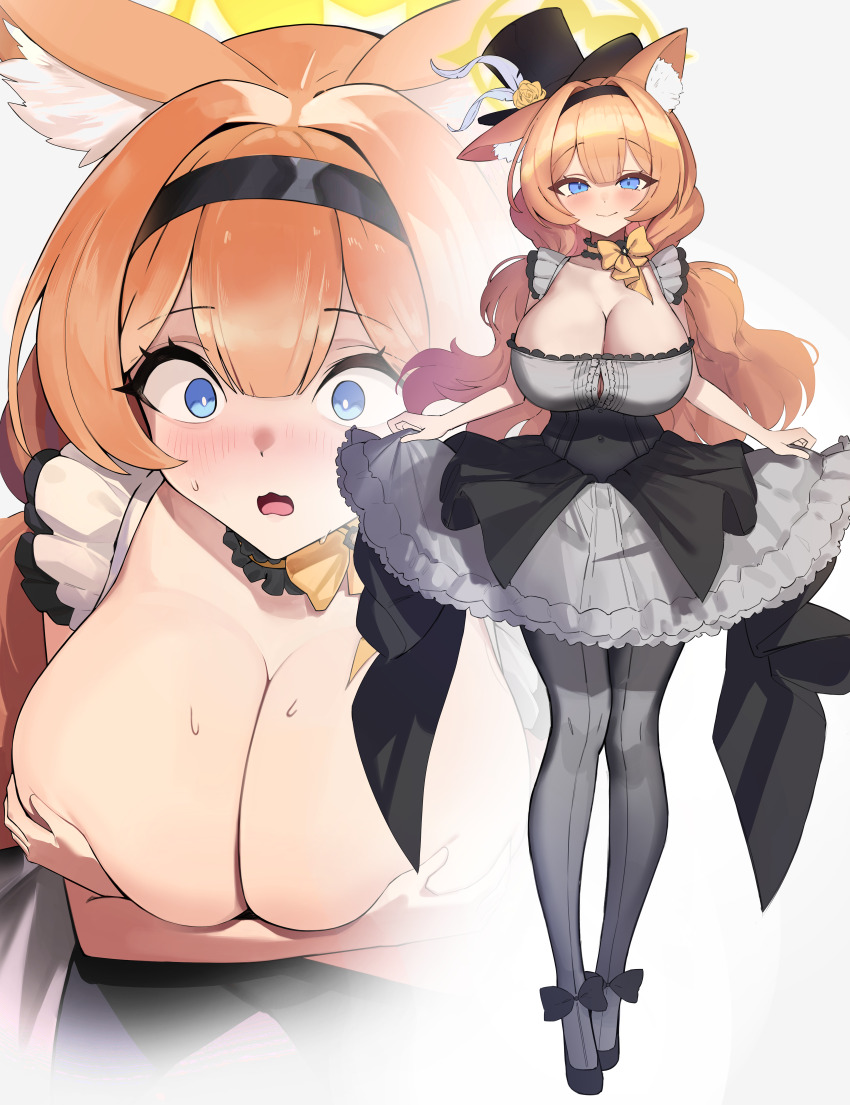 1girl absurdres alternate_breast_size animal_ear_fluff animal_ears black_hairband black_hat black_headband black_overskirt blue_archive blue_eyes blush breasts cat_ears choker cleavage closed_mouth collarbone commentary commission covering_breasts covering_privates dress english_commentary flower fluffy_hair frilled_choker frills full_body grey_dress grey_feathers hairband halo hat headband highres huge_breasts idol idol_clothes long_hair looking_at_viewer mari_(blue_archive) mari_(idol)_(blue_archive) mini_hat mini_top_hat official_alternate_costume open_mouth orange_hair pixiv_commission rose shio05_(05_sio) simple_background skirt_hold smile solo standing top_hat yellow_flower yellow_halo yellow_rose
