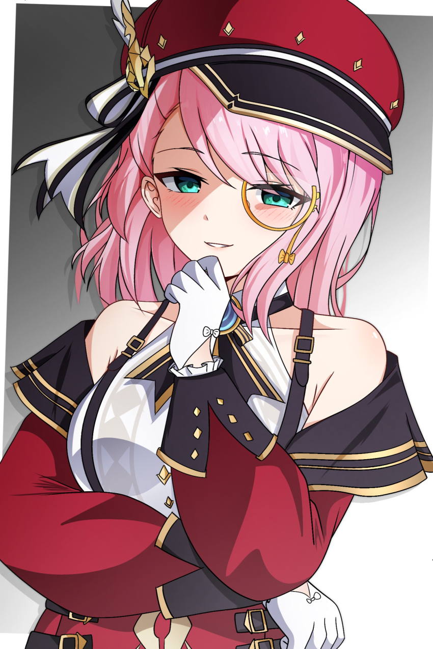 1girl aqua_eyes charlotte_(genshin_impact) collarbone commentary detached_sleeves genshin_impact gloves grey_background hand_on_own_chin hat hat_feather highres looking_at_viewer medium_hair midori_(midori13579) monocle newsboy_cap parted_lips pink_hair red_hat red_sleeves semi-rimless_eyewear shirt sleeveless sleeveless_shirt smile solo suspenders under-rim_eyewear upper_body white_gloves white_shirt