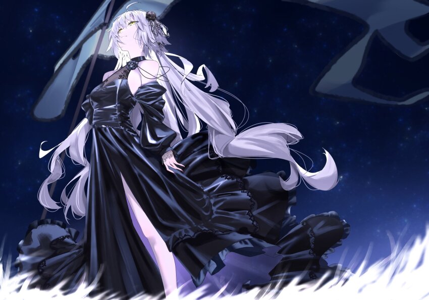 1girl bare_shoulders black_dress breasts commentary_request detached_sleeves dress fate/grand_order fate_(series) flag flower grey_hair hair_flower hair_ornament highres jeanne_d&#039;arc_alter_(fate) large_breasts long_hair night night_sky polearm ri_o_ne_su sky solo very_long_hair weapon yellow_eyes