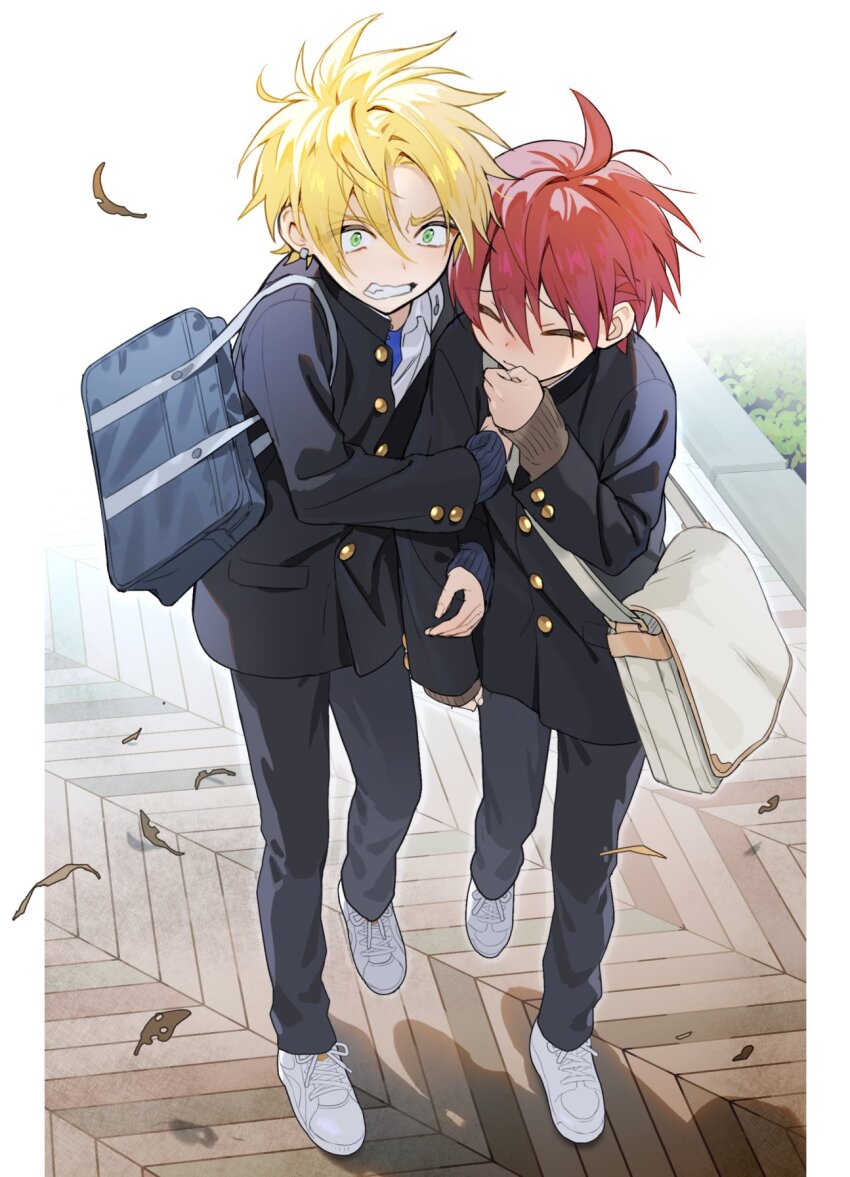 2boys arm_hug bag black_jacket black_pants blonde_hair clenched_teeth closed_eyes closed_mouth cold commentary ear_piercing gakuran green_eyes highres jacket leaf long_sleeves male_focus multiple_boys original outdoors pants piercing pillow_(nutsfool) red_hair school_bag school_uniform shirt shoes sneakers symbol-only_commentary teeth walking white_footwear white_shirt wind