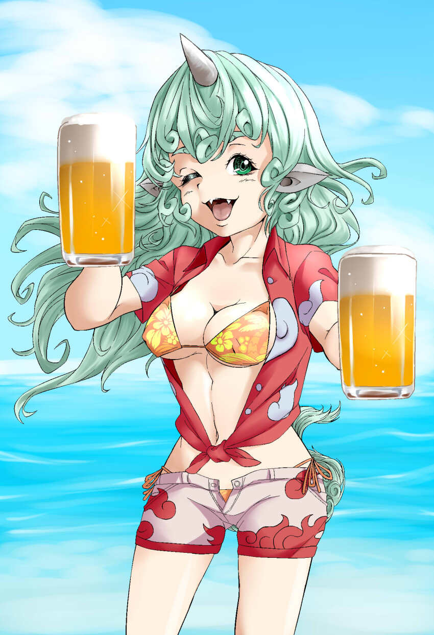 1girl alcohol beer beer_mug bikini breasts buttons cleavage cloud_print commentary_request cone_horns cowboy_shot cup curly_hair fangs floral_print_bikini green_eyes green_hair grey_horns highres horns kariyushi_shirt komainu_ears komano_aunn long_hair looking_at_viewer medium_breasts mug navel ocean one_eye_closed open_fly open_mouth orange_bikini pointy_ears print_shirt print_shorts red_shirt shika_miso shirt shorts single_horn smile solo swimsuit tied_shirt touhou white_shorts