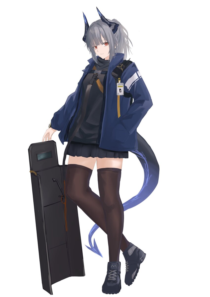 1girl absurdres arknights ballistic_shield black_horns black_skirt blue_jacket brown_thighhighs closed_mouth commentary dragon_girl dragon_horns dragon_tail full_body grey_hair hand_in_pocket highres horns jacket light_smile liskarm_(arknights) long_sleeves looking_at_viewer miniskirt open_clothes open_jacket red_eyes shield short_hair shuuka simple_background skirt solo standing tail thighhighs walkie-talkie white_background