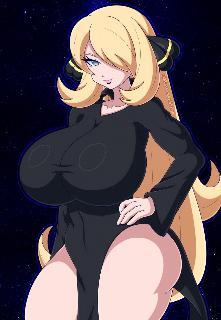 1girl absurdres blonde_hair breasts covered_navel cynthia_(pokemon) dress grey_eyes hair_over_one_eye half-closed_eye hand_on_own_hip highres huge_breasts legs long_hair looking_at_viewer mature_female nintendo pink_lips pokemon pokemon_dppt rockmangrave seductive_gaze seductive_smile smile solo thick_thighs thighs very_long_hair