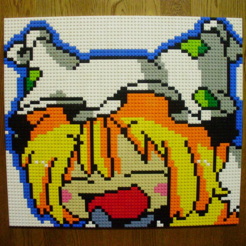 1girl :d blonde_hair blush_stickers derivative_work closed_eyes female_focus fox_tail hat highres lego lego_(medium) multiple_tails open_mouth photo_(medium) pixel_art smile solo table tail touhou unconventional_media yakumo_ran you_rei_(blowback)