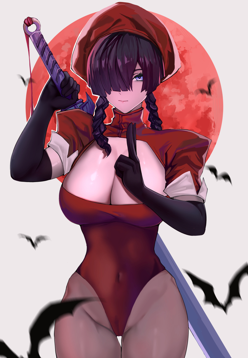 1girl absurdres black_gloves black_hair blue_eyes braid breasts elbow_gloves gloves hair_over_one_eye hat highres large_breasts leotard long_hair looking_at_viewer marvel marvel_rivals moon official_alternate_costume psylocke psylocke_(blood_kariudo) red_hat red_moon ritou08 solo superhero_costume sword twin_braids weapon x-men