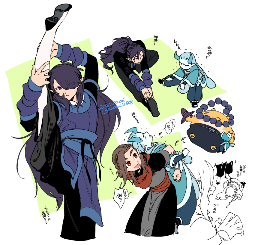 4boys aqua_hair aqua_horns brown_hair fengxi_(the_legend_of_luoxiaohei) hair_over_one_eye highres horns jewelry long_hair luozhu_(the_legend_of_luoxiaohei) multiple_boys necklace pointy_ears purple_hair red_eyes split standing standing_on_one_leg standing_split stretching luo_xiaohei_zhanji tianhu_(the_legend_of_luoxiaohei) very_long_hair vox xuhuai_(the_legend_of_luoxiaohei)