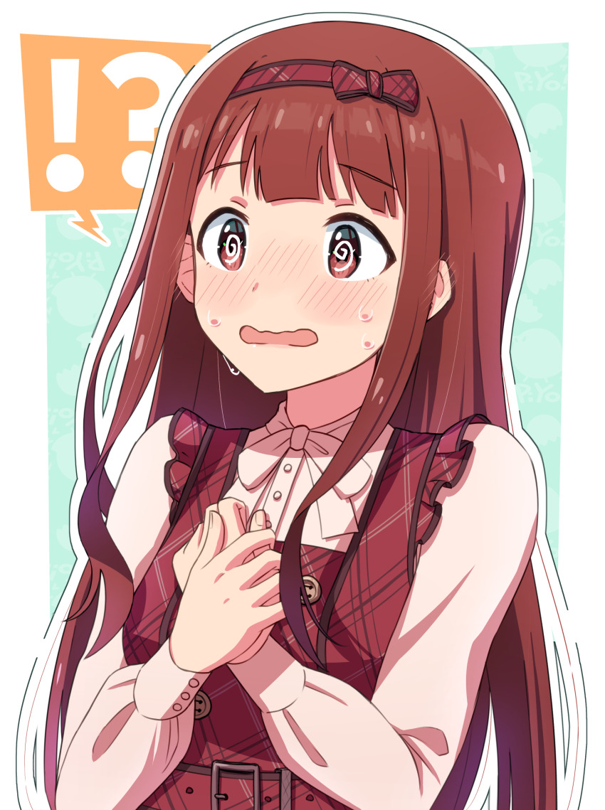 !? 1girl @_@ blush border bow brown_eyes brown_hair commentary_request embarrassed hair_bow hairband highres houraijin idolmaster idolmaster_million_live! idolmaster_million_live!_theater_days long_hair long_sleeves open_mouth outline outside_border own_hands_together plaid_bow plaid_hairband private_dress_(idolmaster_million_live!) solo sweat tanaka_kotoha upper_body wavy_mouth white_border white_outline