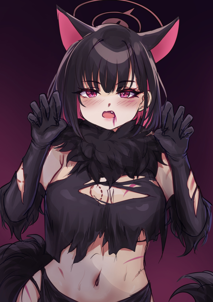 1girl absurdres bite_mark bite_mark_on_arm bite_mark_on_breast black_hair blue_archive breasts cleavage commentary crop_top cuts elbow_gloves flareza gloves highres injury kazusa_(blue_archive) kazusa_(halloween)_(blue_archive) multicolored_background multicolored_hair pink_background pink_hair purple_background red_eyes scar scar_on_chest scar_on_stomach solo torn_clothes