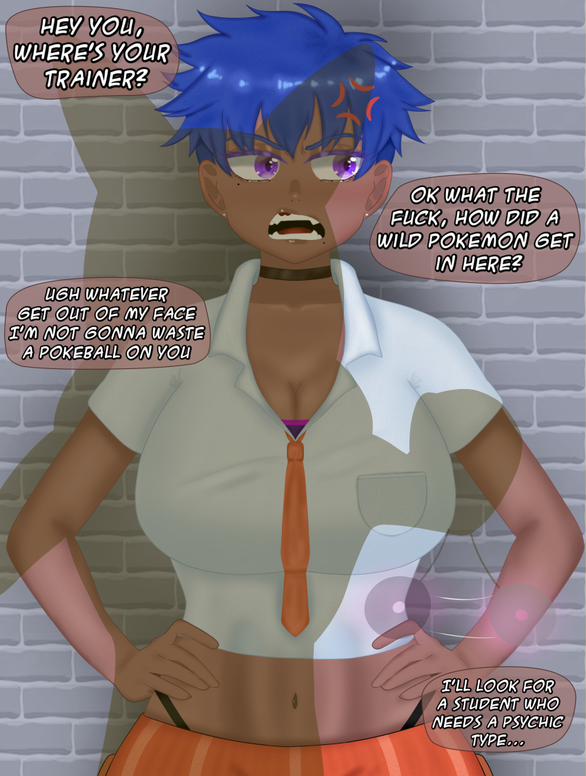1boy 1girl absurdres anger_vein angry black_choker blue_hair breast_pocket breasts brick_wall brown_lips choker cleavage crop_top dark-skinned_female dark_skin earrings eddarxart english_text eyeliner fangs gen_1_pokemon gradient_background hands_on_own_hips highleg highleg_panties highres huge_breasts hypno jewelry large_breasts lipstick looking_to_the_side makeup midriff mole mole_under_eye mole_under_mouth navel necktie nintendo open_mouth orange_necktie orange_shorts original panties panty_straps pendulum pixie_cut pocket pokemon pokemon_(creature) pokemon_sv purple_eyes school_uniform shadow shirt short_hair shorts speech_bubble tomboy toned toned_female underwear very_short_hair white_shirt you_gonna_get_raped zoraida_(nyantcha)