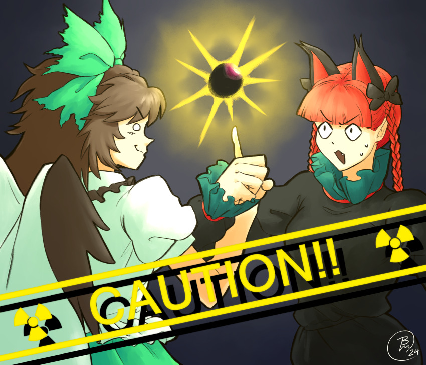 2girls absurdres animal_ears black_background black_bow black_dress black_sun black_wings blunt_bangs bow braid bread_master brown_hair cape cat_ears cat_girl caution closed_mouth commission commissioner_upload dress extra_ears green_bow hair_bow highres kaenbyou_rin long_hair long_sleeves multiple_girls non-web_source o_o open_mouth radiation_symbol red_hair reiuji_utsuho shirt short_sleeves side_braids signature small_pupils star_(symbol) sun the_king_of_fighters touhou twin_braids upper_body v-shaped_eyebrows variant_set white_cape white_shirt wings