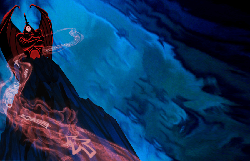 absurdres artist_request bare_pectorals biceps bill_cipher black_eyes blue_background blue_theme book_of_bill chernabog_(disney) colored_sclera crossed_arms demon demon_wings disney fantasia_(disney) gravity_falls hat highres mountain negative_space night_on_bald_mountain no_humans official_art pectorals second-party_source slit_pupils star_(symbol) top_hat triangle upper_body wings yellow_sclera zodiac