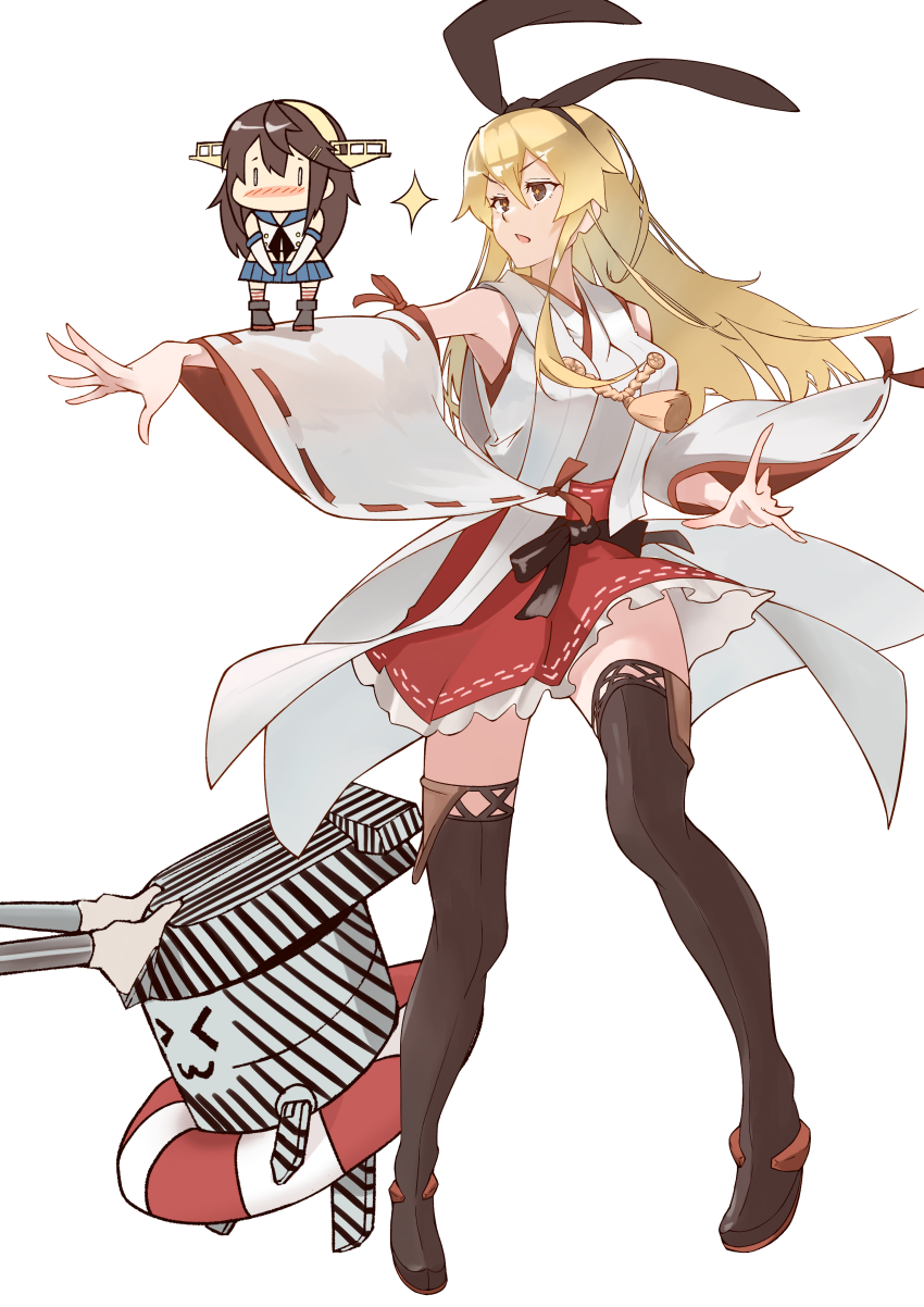 absurdres black_hair black_hairband boots chibi commentary_request cosplay costume_switch dazzle_paint detached_sleeves echo-kilo hairband haruna_(kancolle) haruna_(kancolle)_(cosplay) headgear highres japanese_clothes kantai_collection kongou_pose lifebuoy long_hair nontraditional_miko red_skirt ribbon-trimmed_sleeves ribbon_trim shimakaze_(kancolle) shimakaze_(kancolle)_(cosplay) simple_background skirt standing swim_ring thigh_boots white_background