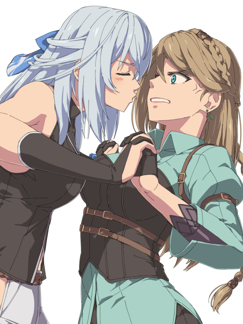 2girls black_gloves blonde_hair blush braid breasts bridal_gauntlets chiharu_(9654784) closed_eyes crown_braid earrings eiyuu_densetsu elaine_auclair gloves hair_between_eyes head_tilt highres imminent_kiss interlocked_fingers jewelry kai_no_kiseki kuro_no_kiseki_(series) large_breasts long_hair multiple_girls parted_bangs rejected_kiss resisting rope shimenawa shizuna_rem_misurugi sidelocks simple_background single_braid sleeveless white_background white_hair yuri
