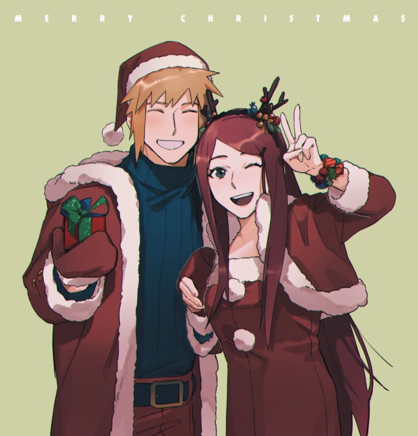1boy 1girl belt blonde_hair blue_eyes christmas christmas_present closed_eyes couple dress fur-trimmed_dress fur-trimmed_jacket fur_trim gift gloves grin hair_ornament hat highres holding holding_gift holding_gloves holding_unworn_clothes husband_and_wife jacket long_hair long_sleeves merry_christmas namikaze_minato naruto_(series) one_eye_closed open_mouth pants passion07253741 red_hair santa_hat smile sweater unworn_gloves uzumaki_kushina v