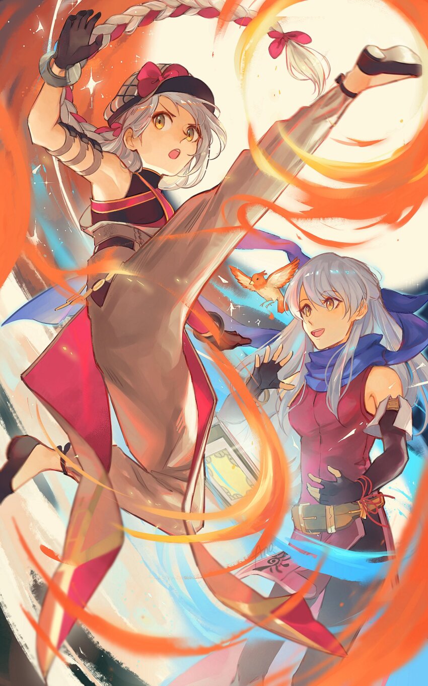 2girls :d :o anocurry bare_shoulders black_gloves blue_scarf bracelet braid dress elbow_gloves fingerless_gloves fire_emblem fire_emblem:_radiant_dawn fire_emblem_engage framme_(fire_emblem) gloves grey_hair hair_ribbon half_updo hat high_kick highres jewelry kickboxing kicking long_hair martial_arts micaiah_(emblem)_(fire_emblem) micaiah_(fire_emblem) multiple_girls nintendo open_mouth pants ribbon scarf side_slit sleeveless sleeveless_dress smile wrist_guards yellow_eyes