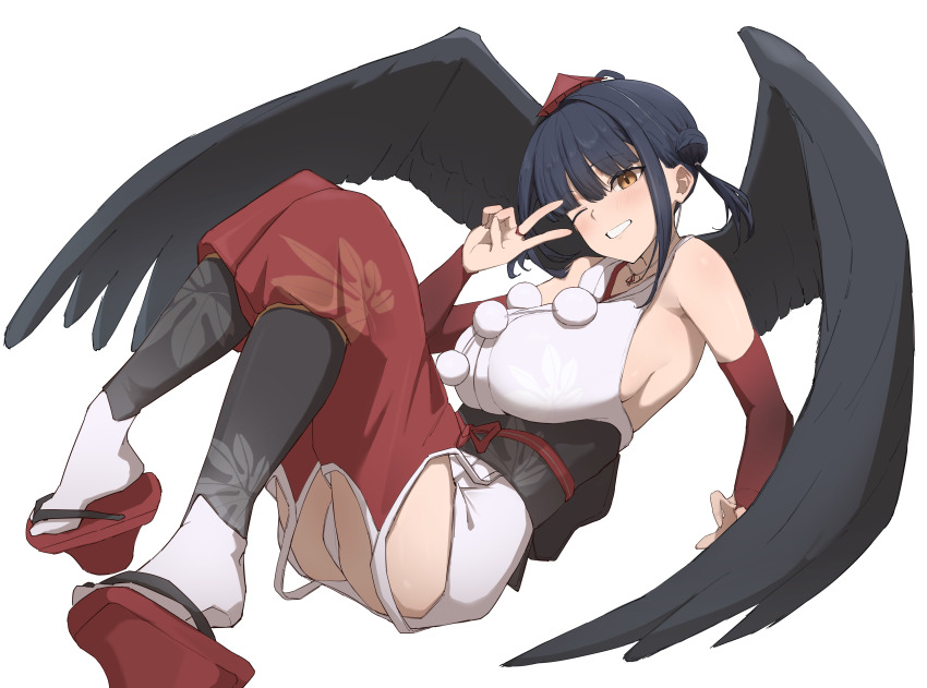 1girl absurdres ass bare_shoulders black_hair black_sash black_wings blush breasts bridal_gauntlets brown_eyes detached_pants double_bun elbow_gloves feathered_wings floating full_body geta gloves grin hair_bun hat highres japanese_clothes jewelry kaekae_kaeru kimono large_breasts leaf_print looking_at_viewer low_twintails necklace nijisanji obi panties pants pantyshot pom_pom_(clothes) red_footwear red_gloves red_hat red_pants sash shoe_dangle short_hair sideboob sleeveless sleeveless_kimono smile socks solo tabi tengu tokin_hat transparent_background twintails underwear v v_over_eye virtual_youtuber white_kimono white_panties white_socks wings yamagami_karuta yamagami_karuta_(1st_costume)