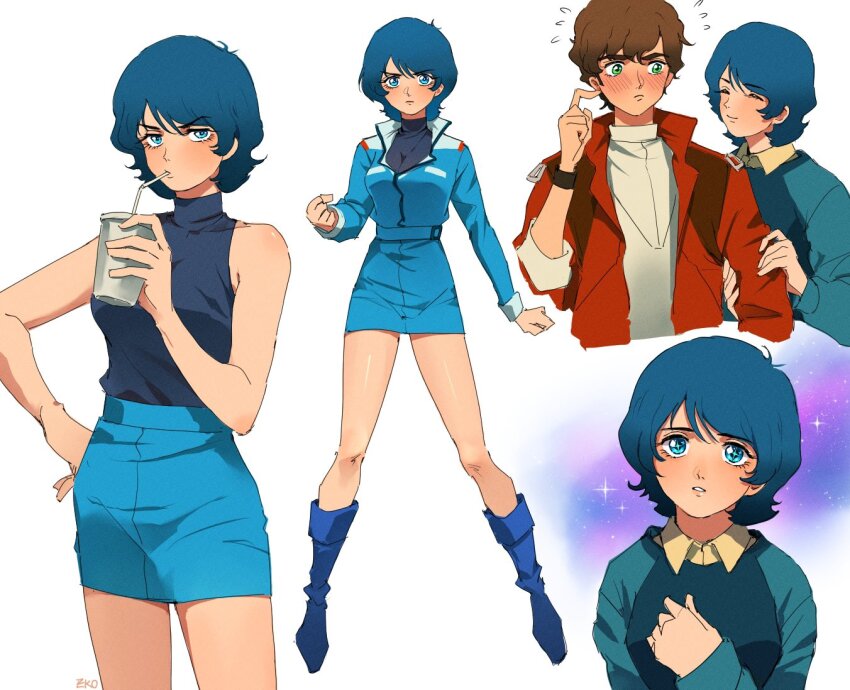 1boy 1girl angry blue_eyes blue_hair blush brown_hair ekomozzarella genderswap green_eyes gundam gundam_zz jacket judau_ashta kamille_bidan looking_at_viewer open_mouth short_hair skirt smile zeta_gundam