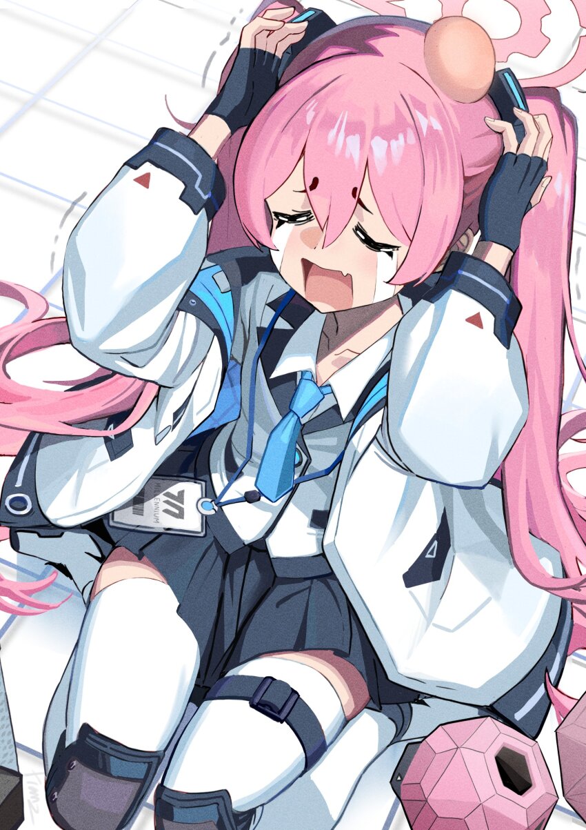 1girl absurdres belt black_gloves black_skirt blazer blue_archive blue_necktie coat collarbone collared_shirt commentary_request crying fingerless_gloves franz2543 from_above gloves hair_between_eyes hair_ornament halo head_bump highres id_card jacket knee_pads koyuki_(blue_archive) lanyard long_hair long_sleeves looking_at_viewer necktie open_clothes open_coat pink_hair pleated_skirt school_uniform shirt sidelocks sitting skirt solo streaming_tears tears thigh_belt thigh_strap thighhighs trembling twintails wariza white_coat white_shirt white_thighhighs zettai_ryouiki