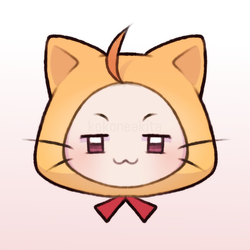 :3 absurdres ahoge animal animal_focus artist_name bow bowtie brown_eyes cat closed_mouth clothed_animal ear_covers gradient_background head_only highres hood hood_up infinity_nikki kokoneakita momo_(nikki) nikki_(series) no_humans red_background red_bow red_bowtie smile solo watermark whiskers white_background white_cat yellow_hood