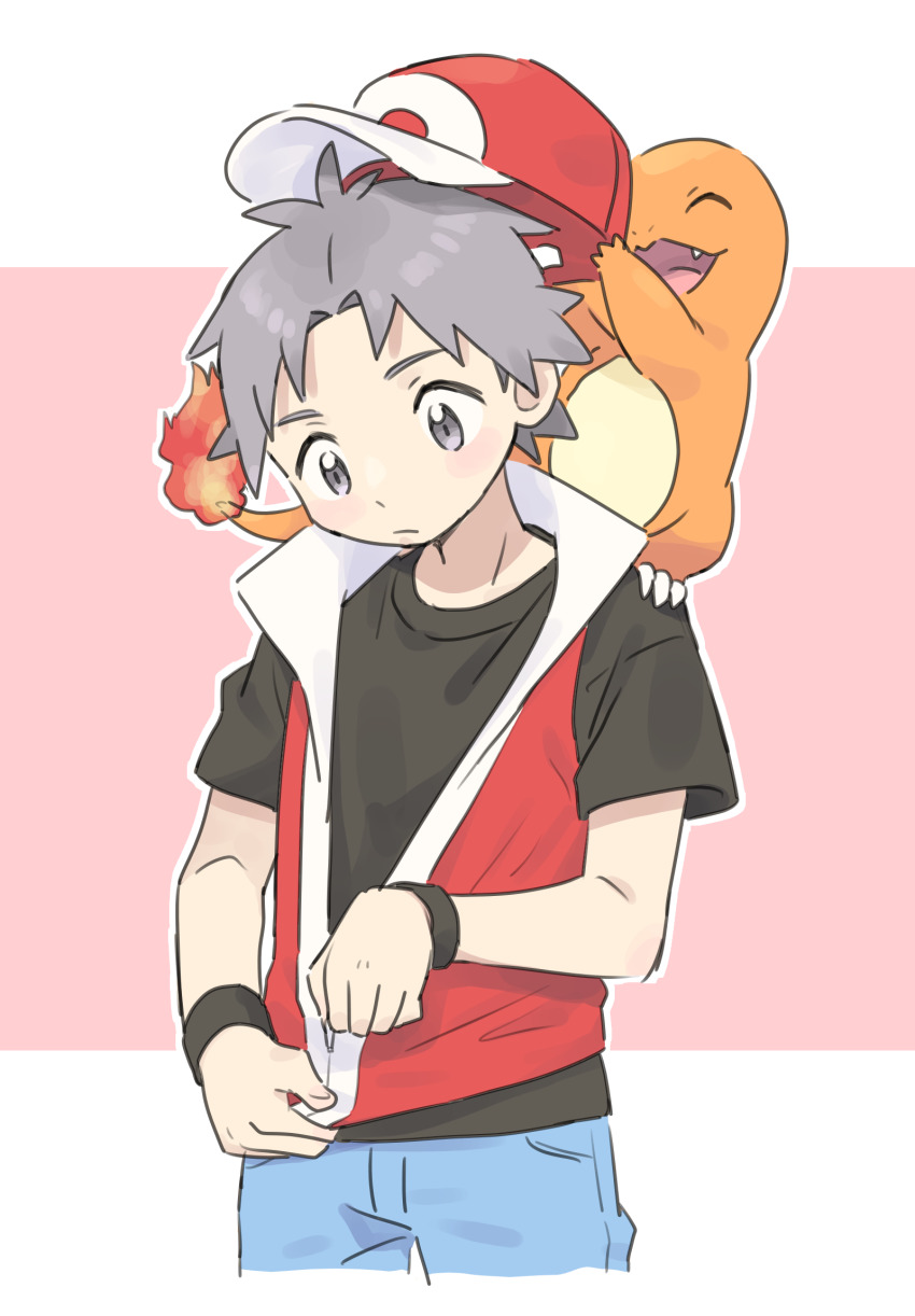 1boy charmander dressing gen_1_pokemon highres nintendo pokemon pokemon_(creature) pokemon_frlg pumpkinpan red_(pokemon) red_(pokemon_frlg)